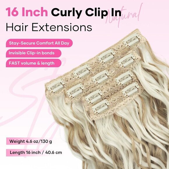 Curly Clip In Hair Extensions Synthetic 16 Inch Ash Blonde Highlights Women main image 4